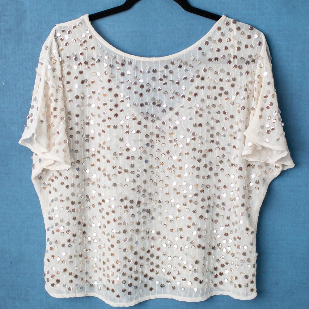 Jennifer Lopez JLo Sequin Blouse Women M Ivory Silver Sheer Flutter Sleeve Party